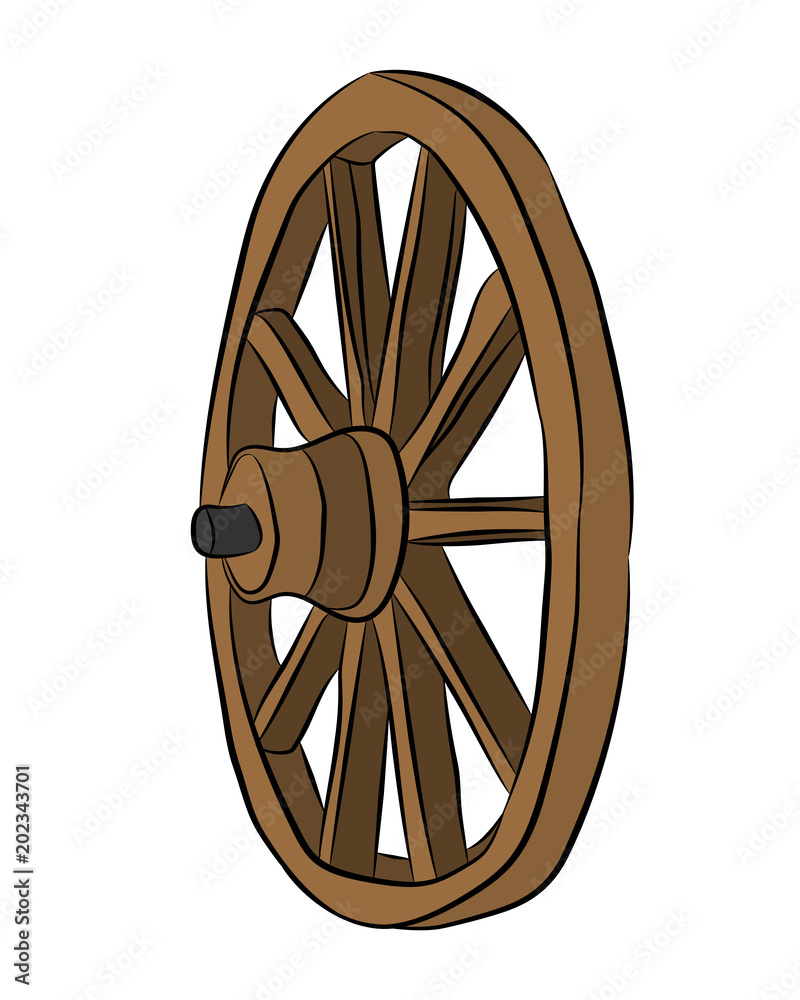 wooden wheel contour drawing in pencil