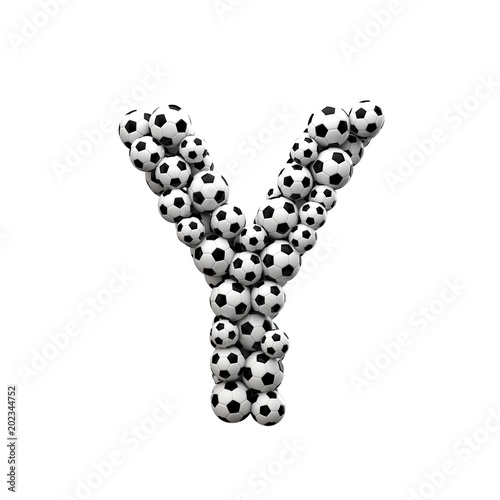 Capital letter Y font made from a collection of soccer balls. 3D Rendering