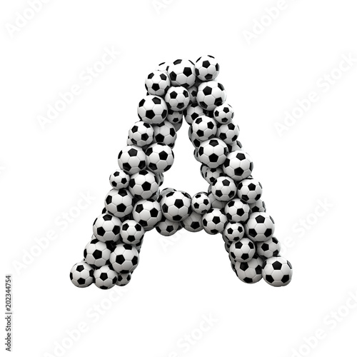 Capital letter A font made from a collection of soccer balls. 3D Rendering