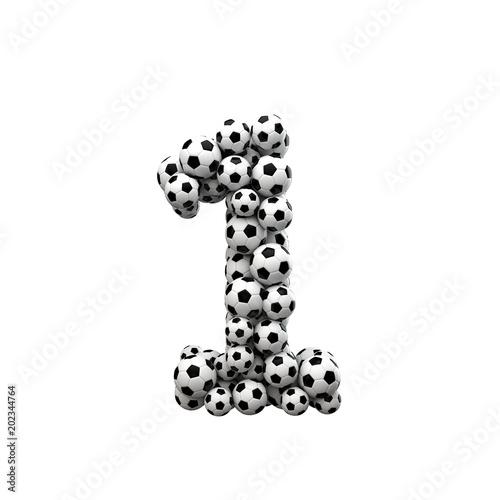 Number 1 font made from a collection of soccer balls. 3D Rendering