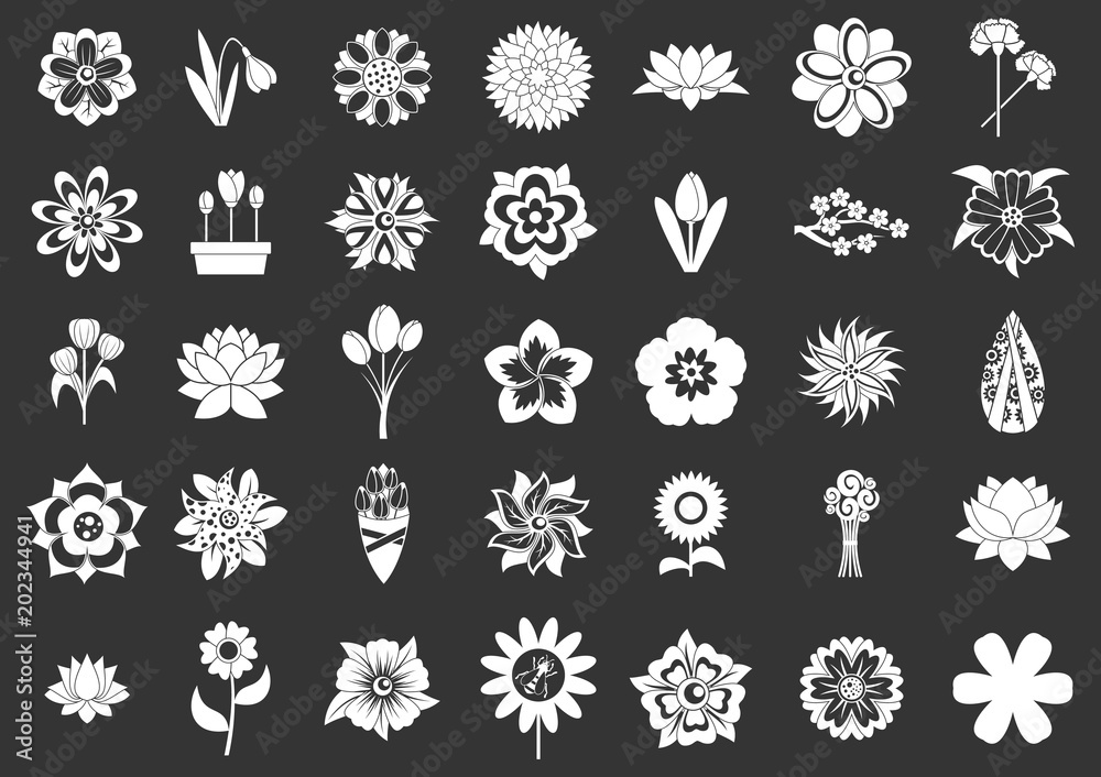 Flower icon set vector white isolated on grey background 
