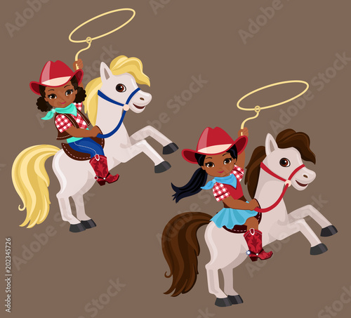 Two cowboy girls ride horses and wave a lasso.