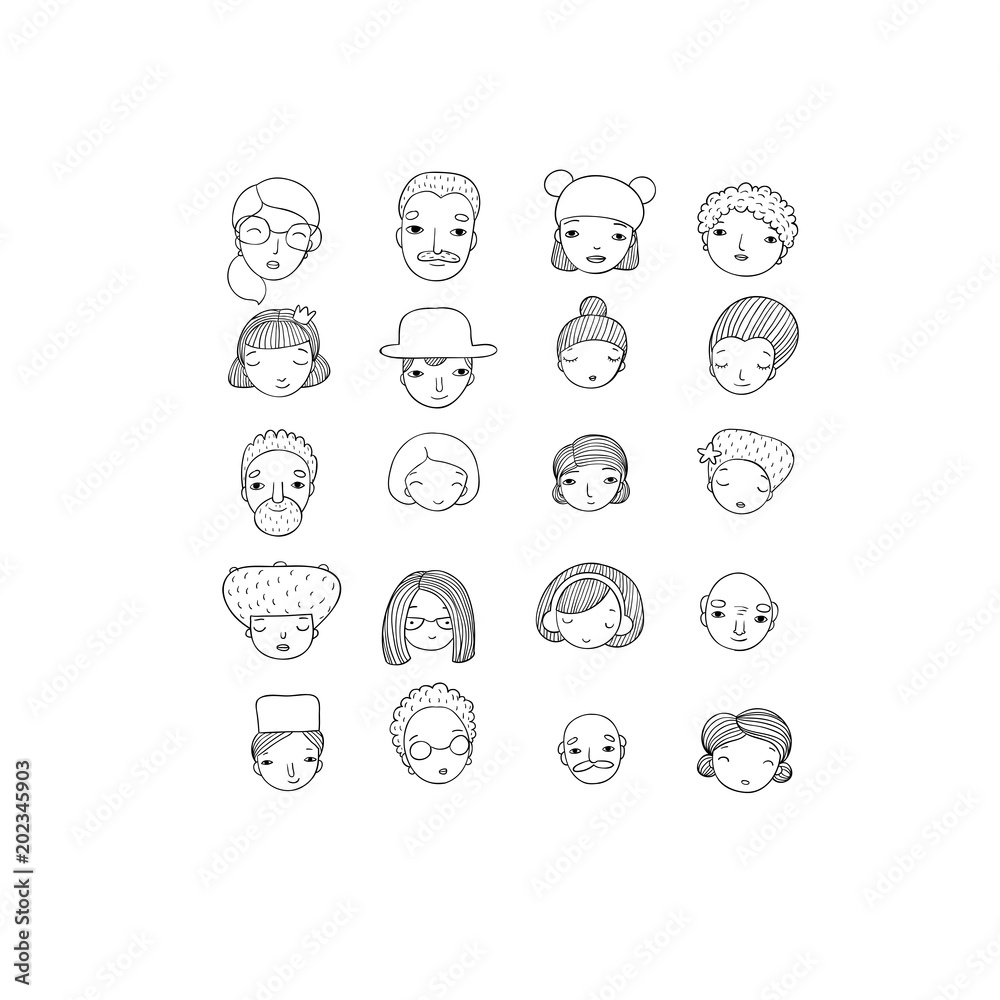 Different faces. Hand drawing isolated objects Different faces. Hand drawing isolated objects