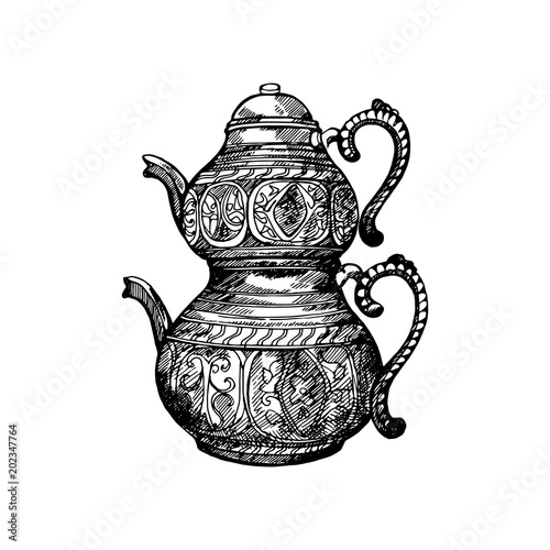 Hand drawn sketch style Turkish tea pot isolated on white background. Vector illustration.