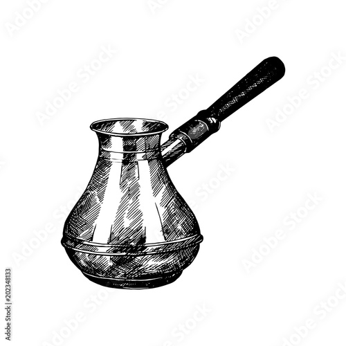 Hand drawn sketch style Turkish cezve pot isolated on white background. Vector illustration.