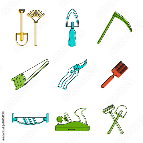 Farm tool icon set. Color outline set of farm tool vector icons for web design isolated on white background