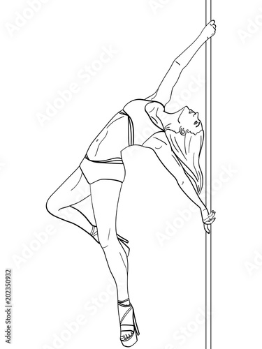Girl is dancing on pole object on white background retro vector. Comic book style imitation Coloring