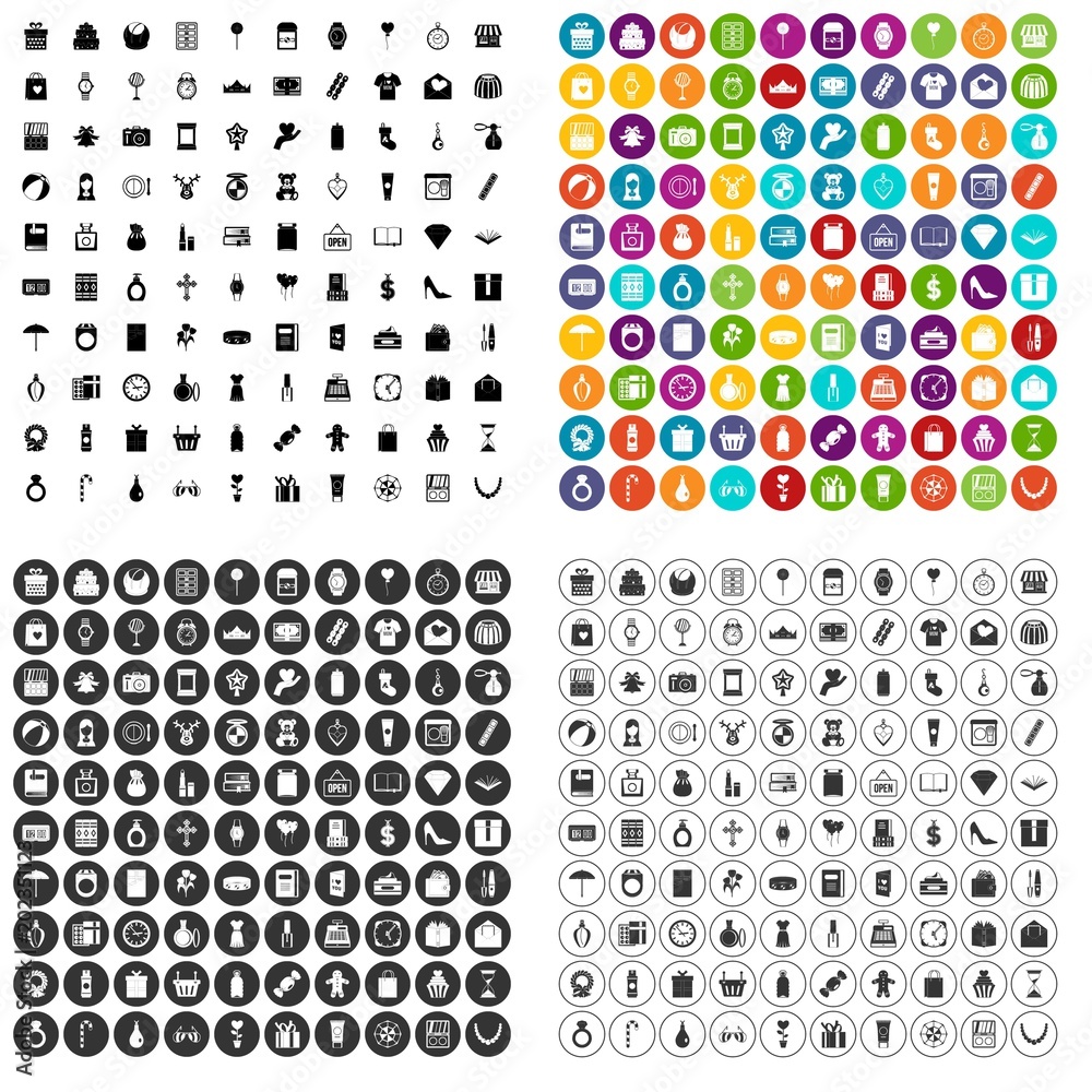 100 gift shop icons set vector in 4 variant for any web design isolated on white