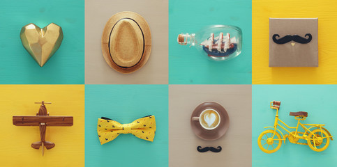 top view collage with man life style objects. Father's day concept.