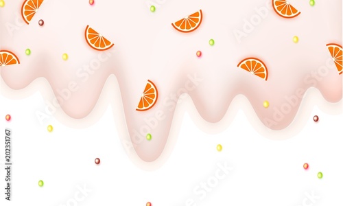 Melting ice cream sprinkled with fruit lobules and lollipops 3d light pastel border isolated on a white background Ice cream with orange Sweet delicacy Vector