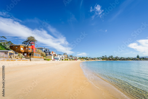 Pretty little to village town view with great paradise sandy beach with turquoise blue water and green covered rocks stone on warm sunny clear day for relaxing Opossum Bay, Hobart, Tasmania, Australia