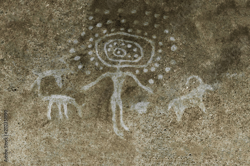 The image of man and animals on the wall of the cave. ancient rituals. ancient history. archeology