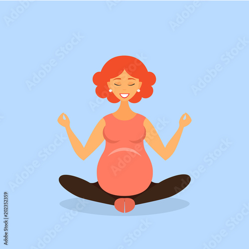 Pregnant woman doing yoga. Flat vector illustration.