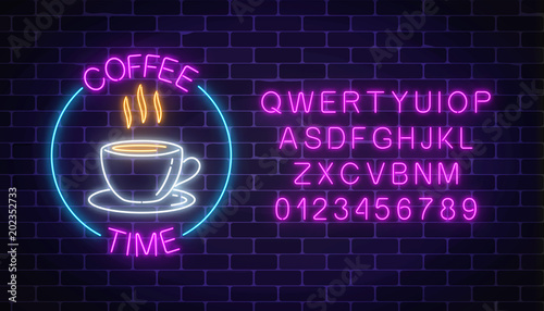 Neon coffee house signboard in circle frame with alphabet on a dark brick wall background. Hot drink and food cafe sign