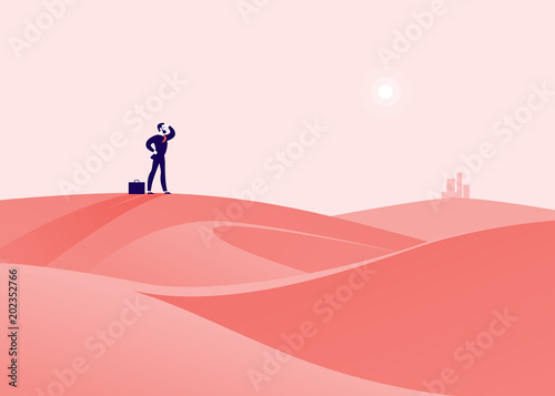 Vector business concept illustration with businessman standing at desert hill and watching on horizon city. Metaphor for new aims, goals, purpose, achievements and aspirations, motivation, overcoming. © artflare