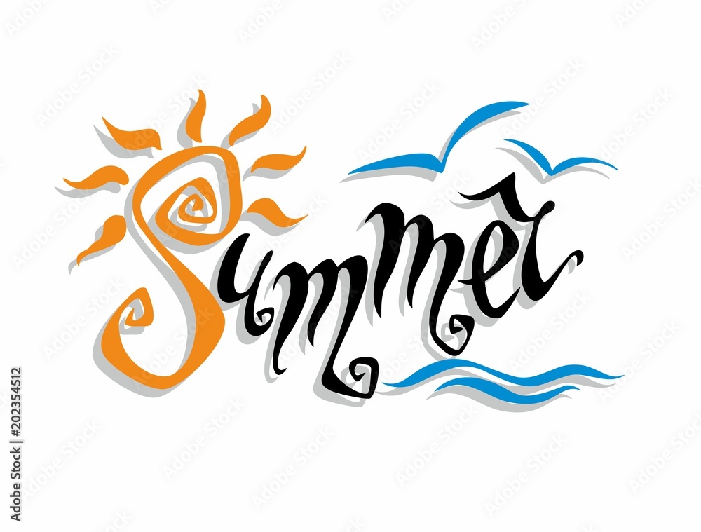 Summer. Lettering . Greeting. Sun, sea, seagulls. Design concept for tourism. Vector.