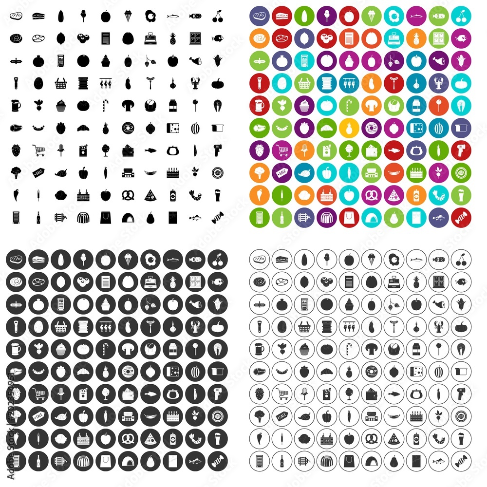 100 grocery shopping icons set vector in 4 variant for any web design isolated on white