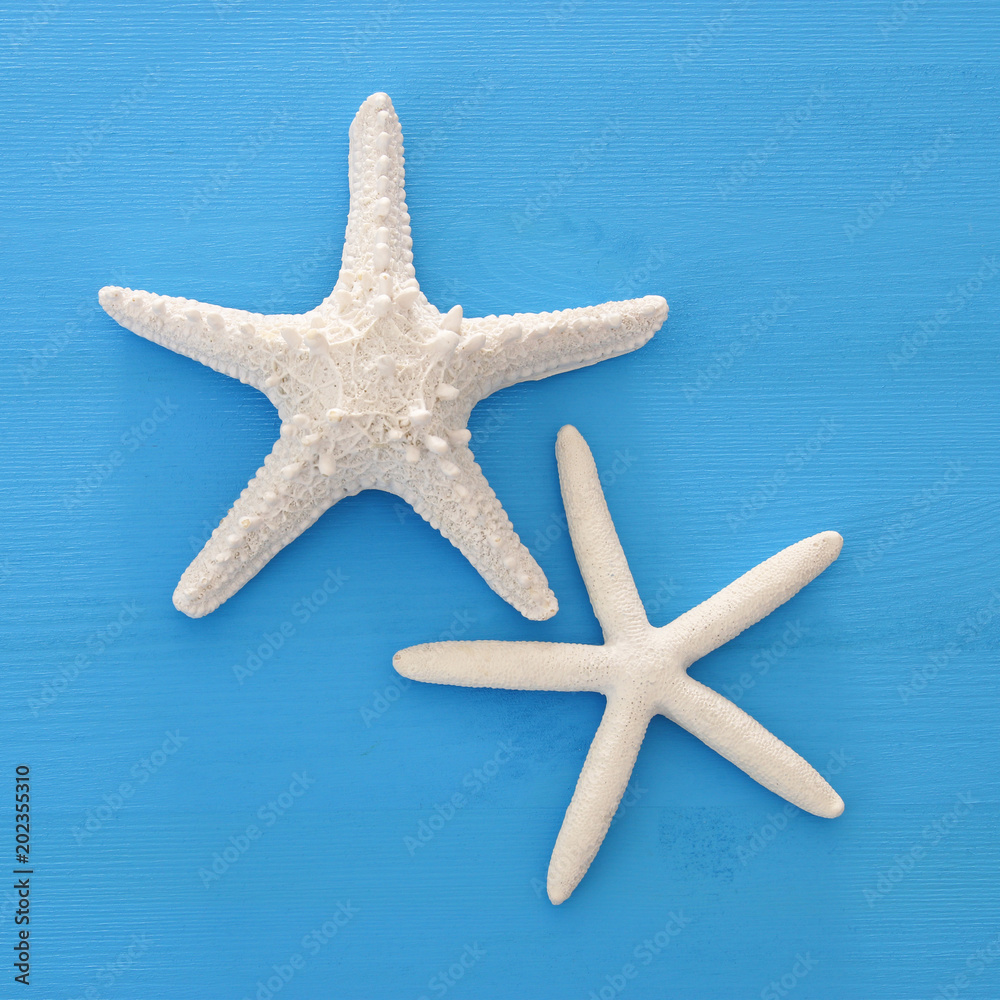 vacation and summer image with starfish over blue wooden background. vacation and summer image with starfish over blue wooden background.