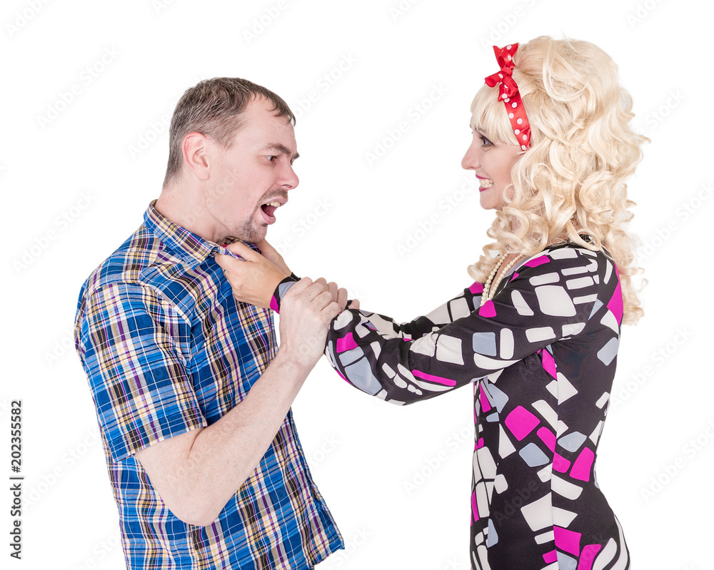 Fotografie Funny retro family couple fighting and shouting at each other