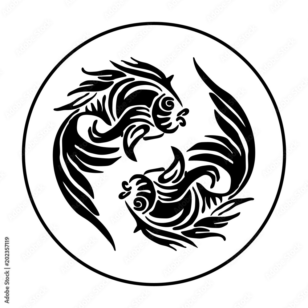 Fototapeta premium Black silhouette of fish in a circle, on white background,