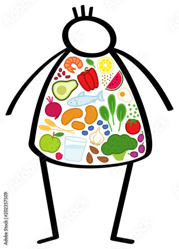 Einfaches Strichmännchen, übergewichtiger Mann, Körper gefüllt mit gesunden Lebensmitteln, Gemüse und Obst. Konzeptionelle Grafik für eine Diät, gesunde und ausgewogene Ernährung