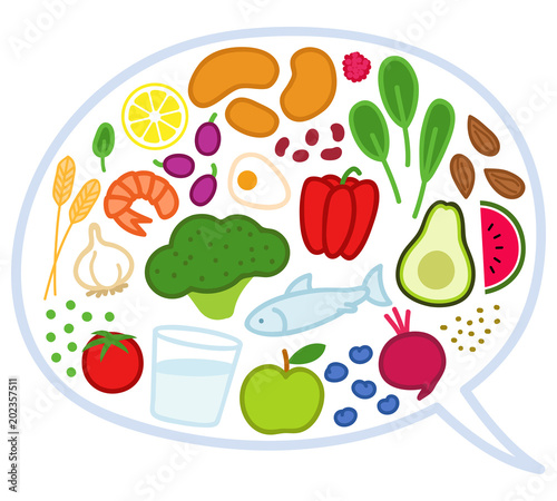 Sprechblase gefüllt mit bunten Icons von gesunden Lebensmitteln, Gemüse, Obst, Fisch. Ernährungsberatung