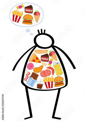 Strichmännchen, übergewichtiger Mann, gefüllt mit ungesunden Lebensmitteln, Fast Food, Hunger, Fettsucht. Konzeptionelle Abbildung, ungesunde Ernährungsweise, Diabetes, Fettleibigkeit