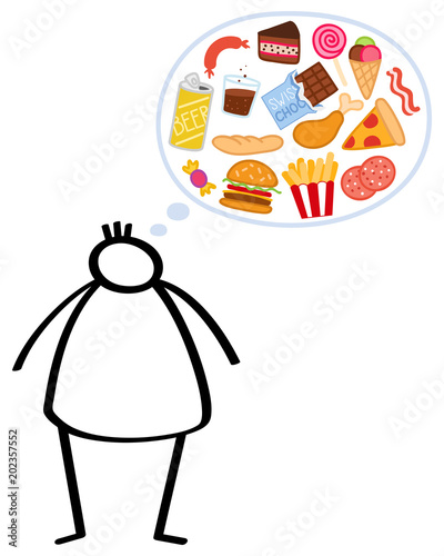 Strichmännchen, übergewichtiger Junge mit Heißhunger auf fettiges und ungesundes Essen. Mann macht Fastenkur, will abnehmen. Konzeptionelle Abbildung für Essstörung, Diabetes und Fettleibigkeit