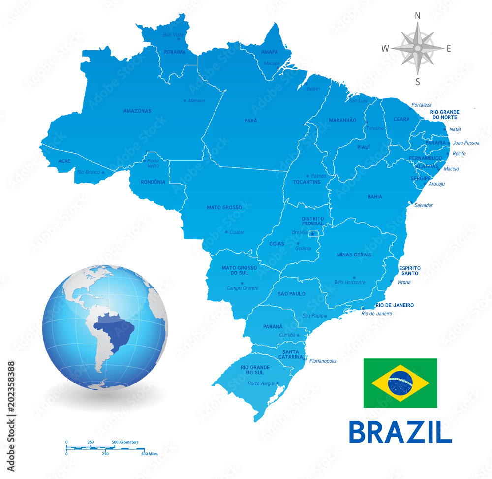 Obraz premium Blue Administrative Brazil Vector Map