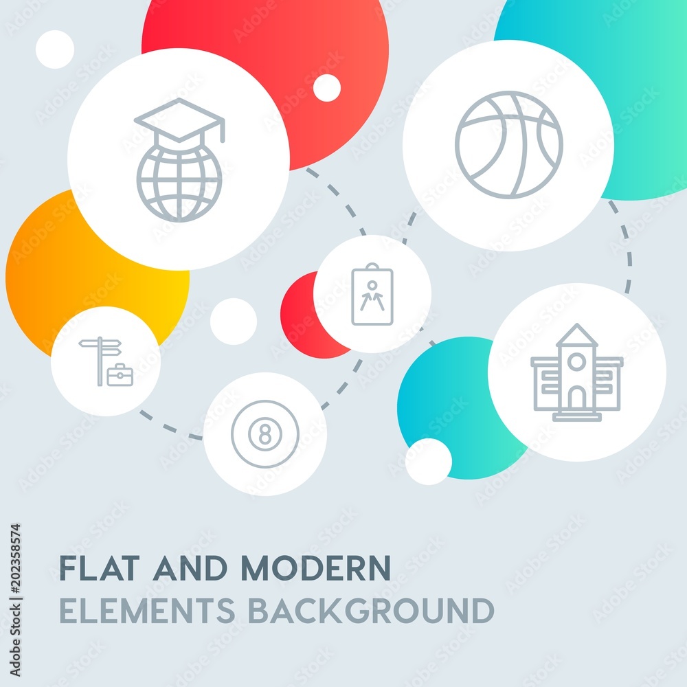 Fotografie sports, education outline vector icons and elements background with circle bubbles networks
