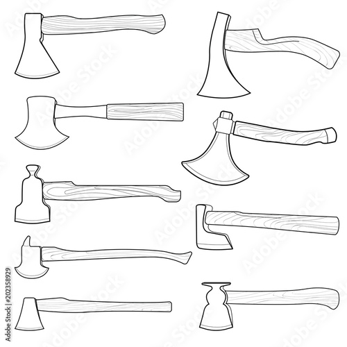 Axes with wooden handles line isolated on white background. Vect