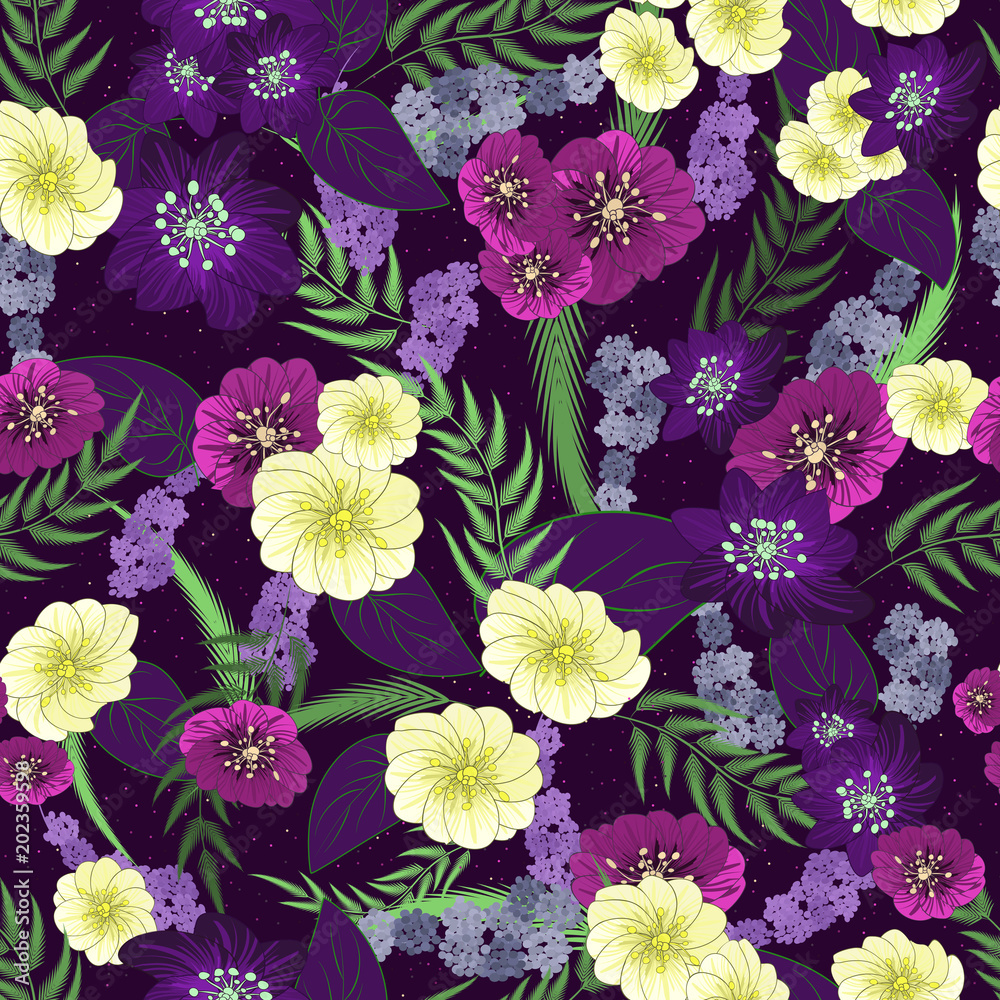 Seamless texture. Multicolor pattern of  flowers and leaves.
