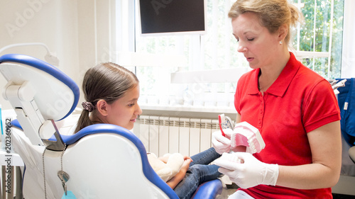 Portrait of female pediatric dentist educating her patient about tooth hygiene