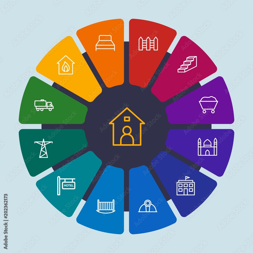 industry, buildings, furniture Infographic Circle outline Icons Set. Contains such Icons as up,  burn,  baby, service,  tanker,  mosque, house,  equipment, fire and more. Fully Editable. Pixel Perfect
