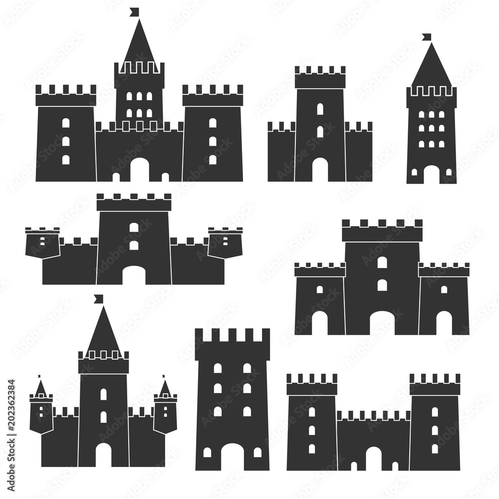 Medieval castle icon vector set. Castle tower silhouette in a flat style. Knights, royal, princess castle sign.
