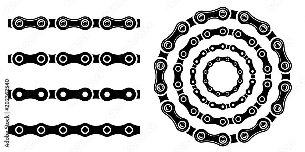 Monochrome set different type of metal motorcycle chains in silhouette style. Seamless shape, for graphic design of logo, emblem, symbol, sign, badge, label, stamp, isolated on white background.