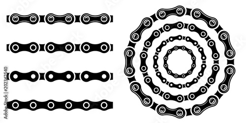Monochrome set different type of metal motorcycle chains in silhouette style. Seamless shape, for graphic design of logo, emblem, symbol, sign, badge, label, stamp, isolated on white background.