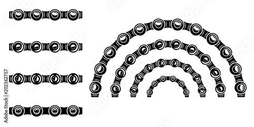 Monochrome set different type of metal motorcycle chains in silhouette style. Seamless shape, for graphic design of logo, emblem, symbol, sign, badge, label, stamp, isolated on white background.