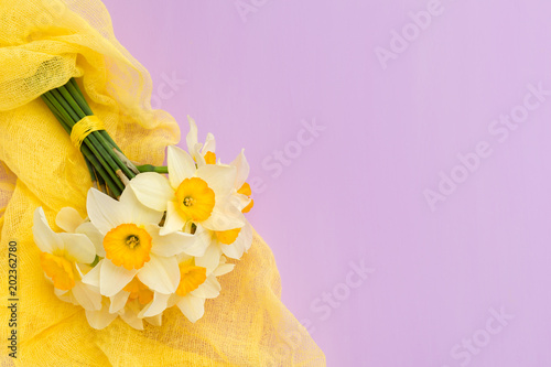 Fototapeta Naklejka Na Ścianę i Meble -  Daffodil bouquet with yellow textile decoration on violet pastel background with copy space.