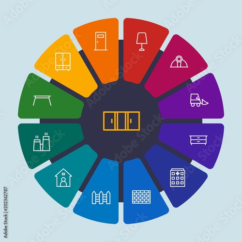 industry, buildings, furniture Infographic Circle outline Icons Set. Contains such Icons as  storage,  interior,  triple,  sign, coffee, night,  dark,  table and more. Fully Editable. Pixel Perfect