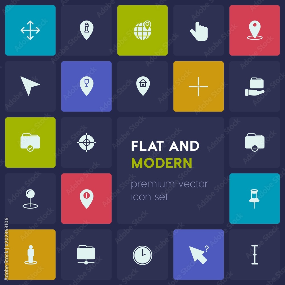 Modern Simple Set of location, folder, cursors Vector fill Icons. Contains such Icons as hand, hour, information, goal, arrow, restaurant and more on dark background. Fully Editable. Pixel Perfect Modern Simple Set of location, folder, cursors Vector fill Icons. Contains such Icons as hand, hour, information, goal, arrow, restaurant and more on dark background. Fully Editable. Pixel Perfect