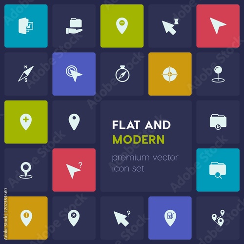 Modern Simple Set of location, folder, cursors Vector fill Icons. Contains such Icons as delete, north, success, navigation, pointer and more on dark background. Fully Editable. Pixel Perfect