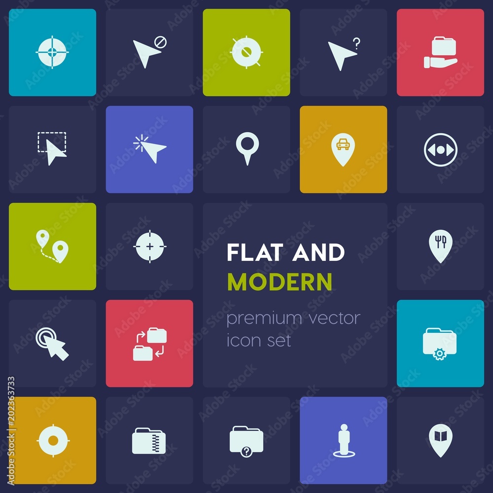 Modern Simple Set of location, folder, cursors Vector fill Icons. Contains such Icons as  file, target,  education,  point,  concept, folder and more on dark background. Fully Editable. Pixel Perfect