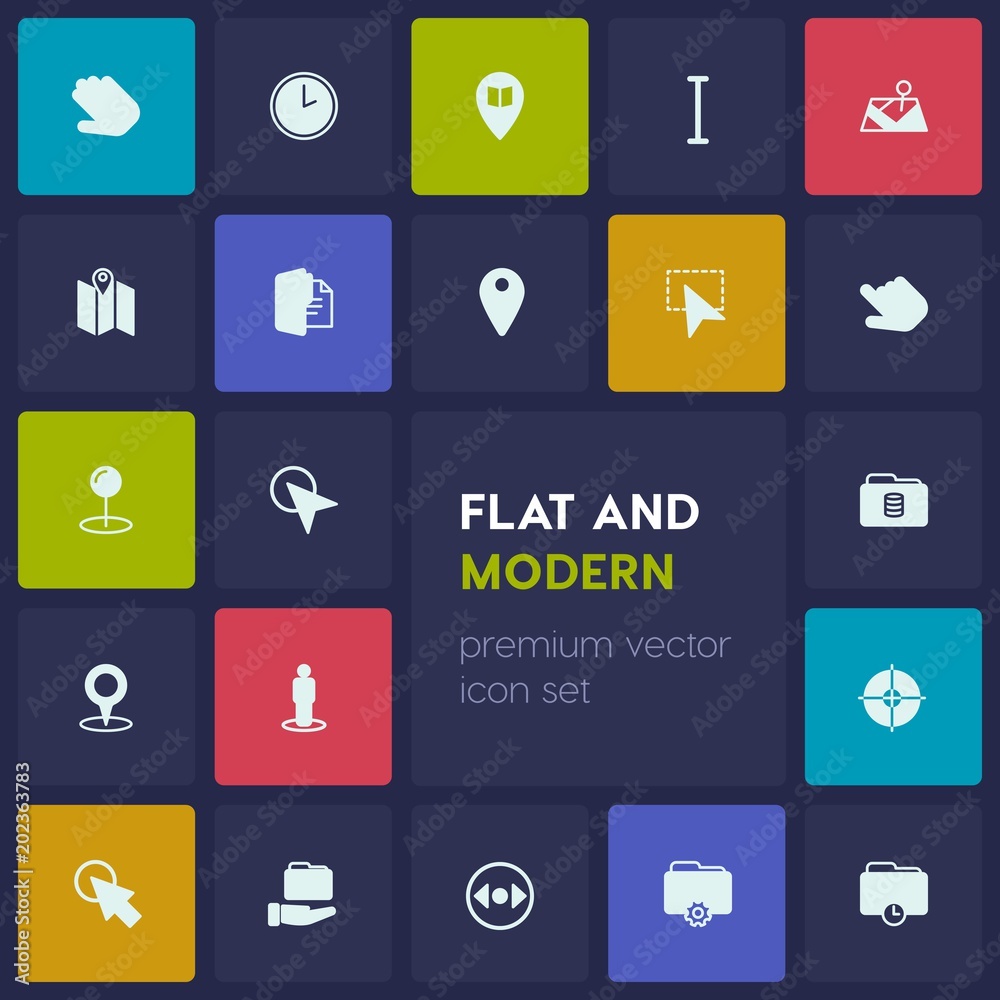 Modern Simple Set of location, folder, cursors Vector fill Icons. Contains such Icons as  location,  business, time, click,  minute,  file and more on dark background. Fully Editable. Pixel Perfect