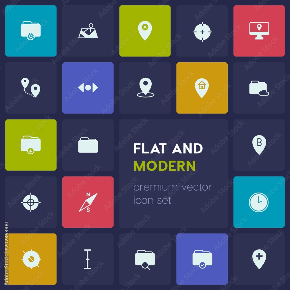 Modern Simple Set of location, folder, cursors Vector fill Icons. Contains such Icons as compass, horizontal,  file,  cursor, map, clock and more on dark background. Fully Editable. Pixel Perfect