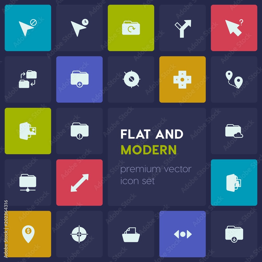 Modern Simple Set of location, folder, cursors Vector fill Icons. Contains such Icons as  success,  route,  data,  bank, target,  direction and more on dark background. Fully Editable. Pixel Perfect