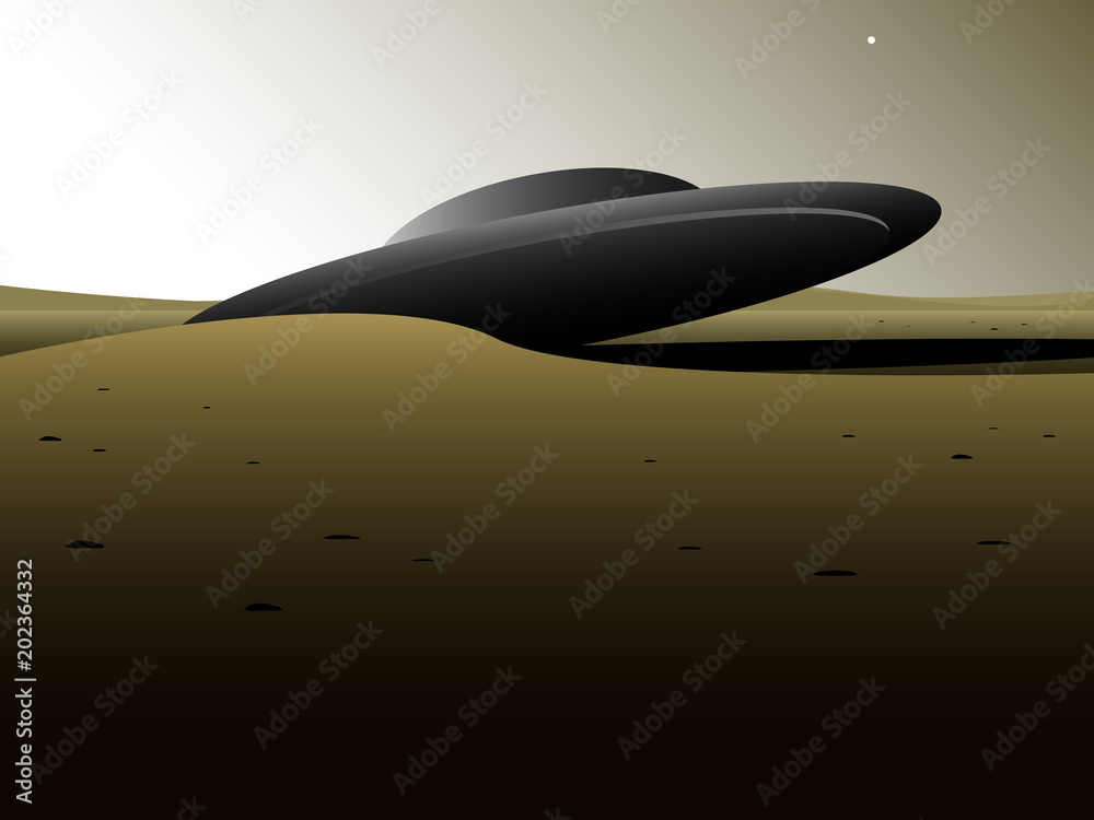 Photography crashed alien spaceship in empty landscape, science fiction vector