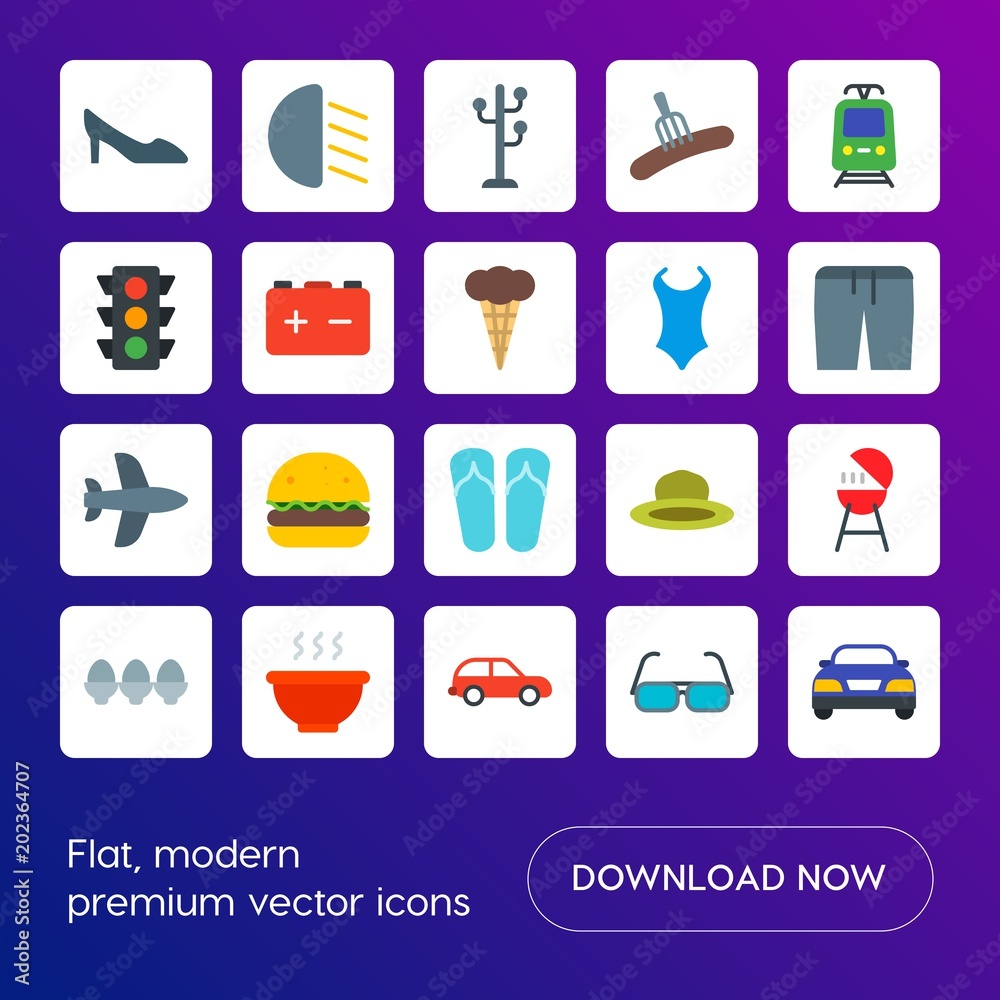 Modern Simple Set of transports, food, clothes Vector flat Icons. Contains such Icons as car,  stand,  shine,  bbq, sunglasses,  burger and more on gradient background. Fully Editable. Pixel Perfect