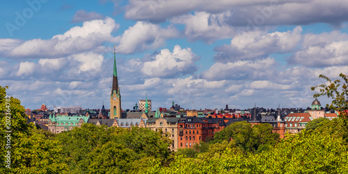 View onto traditional gothic buildings and Oscarskyrkan or Oscar's Church in Stockholm Sweden photo