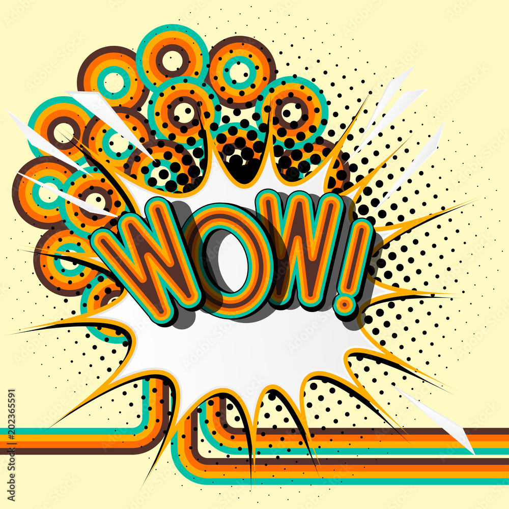 WOW – retro lettering with shadows, halftone pattern on retro poster background. Vector bright illustration in vintage pop art style. WOW – retro lettering with shadows, halftone pattern on retro poster background. Vector bright illustration in vintage pop art style.